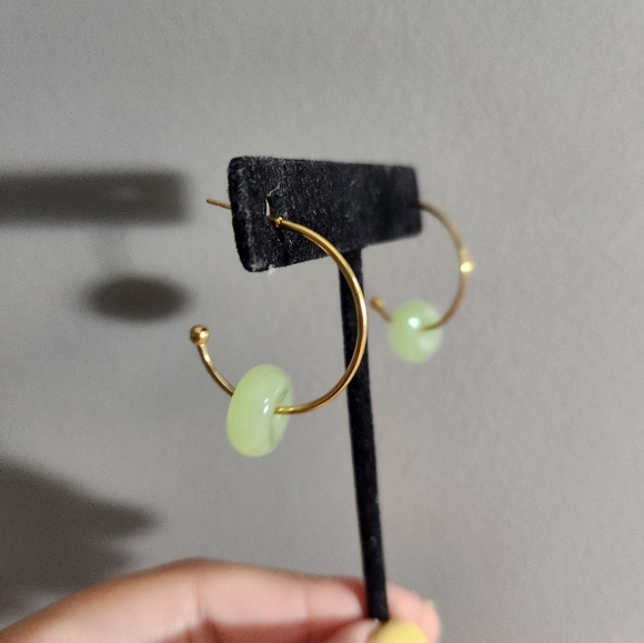 Gold Hoop Earrings with Jade - Picture 4 of 5